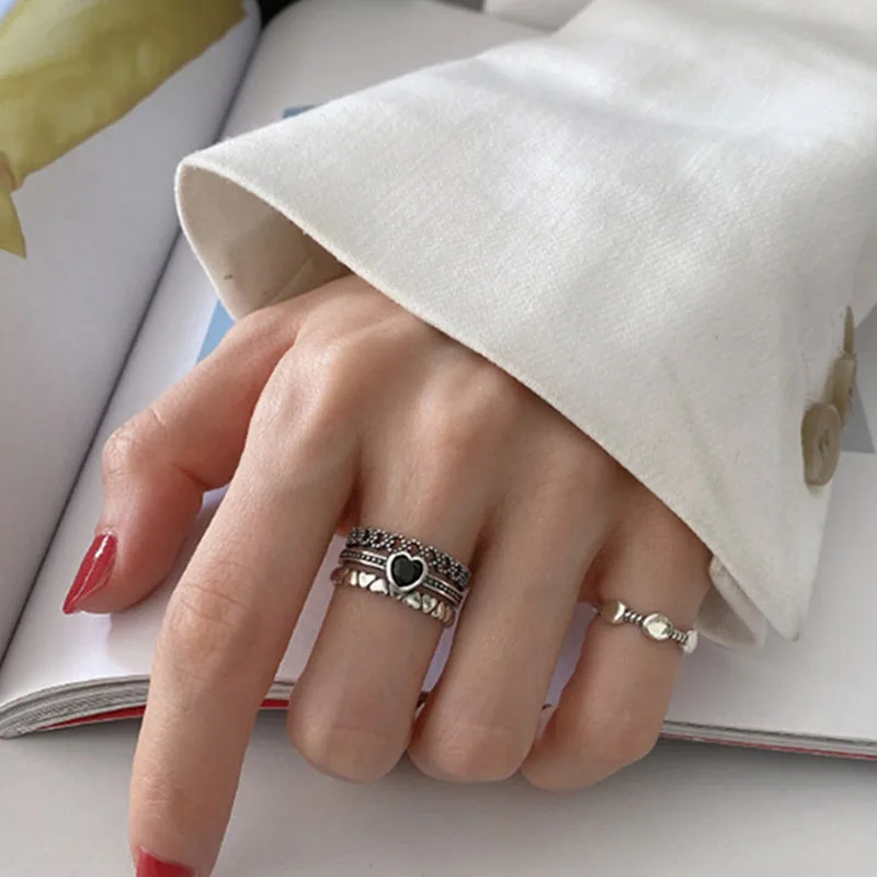 

Sterling Silver Width Rings for Women Couples Vintage Trendy LOVE Heart Multilayer Thai Silver Jewelry Party Gifts fashion