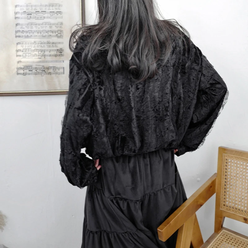 

[EAM] Women Big Size Velvet Big Size Black Blouse New Lapel Long Sleeve Loose Fit Shirt Fashion Tide Spring Autumn 2021 1DD4862