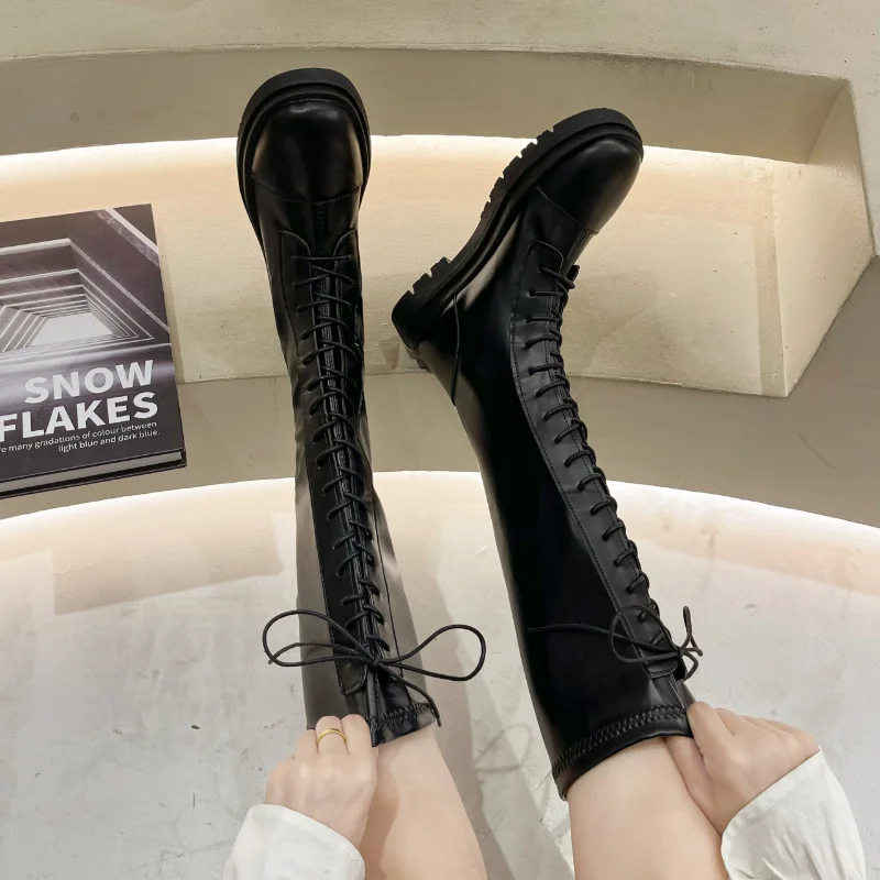 

Women's Black Thick-soled Thin Lace-up High-tube Boots Long-tube Knight Boots Women's 2021 Autumn and Winter New Boots