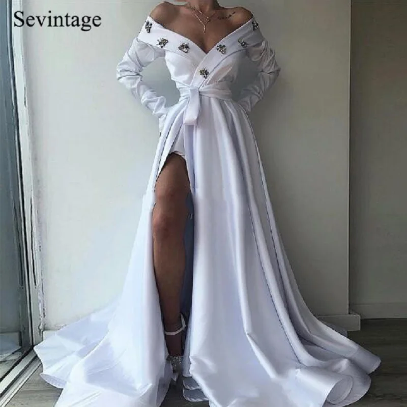 

Женское атласное платье Sevintage, сексуальное выпускное платье с разрезом, длинным рукавом, V-образным вырезом и кристаллами, вечернее платье с ...