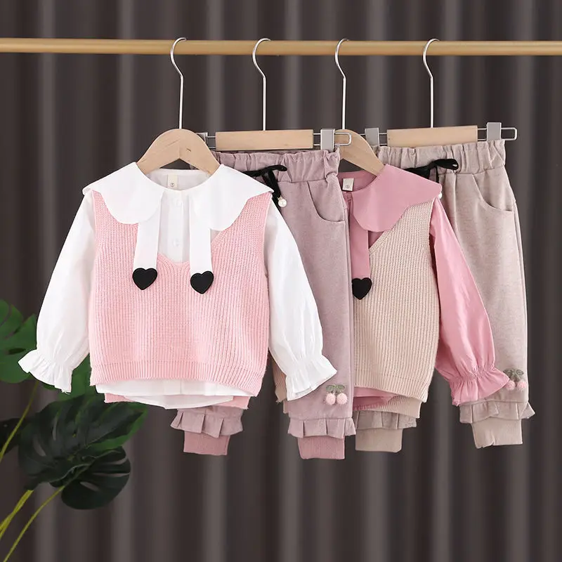 

New Spring Autumn Baby Girls Sets Sweet Candy Color Knitting Sweater Vest+Shirts +Pants 3pcs Clothing Children Vest Outfits 1-4Y