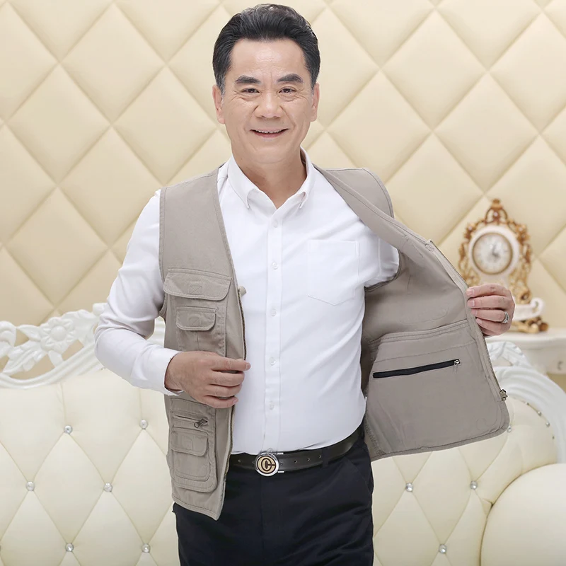 Men Four Season Vest Beige Grey Zipper Front Multi Function Pockes Design Cotton Waistcoat Male Casual Daily Sleevless Jacket