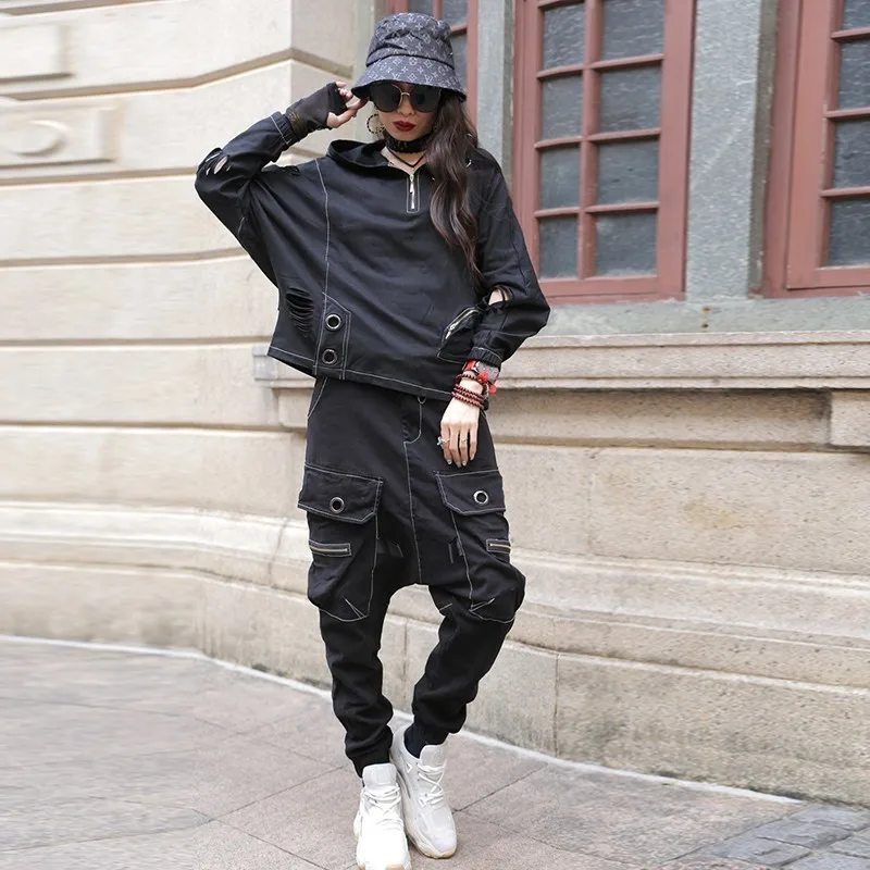 

Gothic Style Loose Casual Two Piece Set Women Patchwork Pullover Hooded Hole Ripped Sweatshirt High Stree Cross Long Trousers