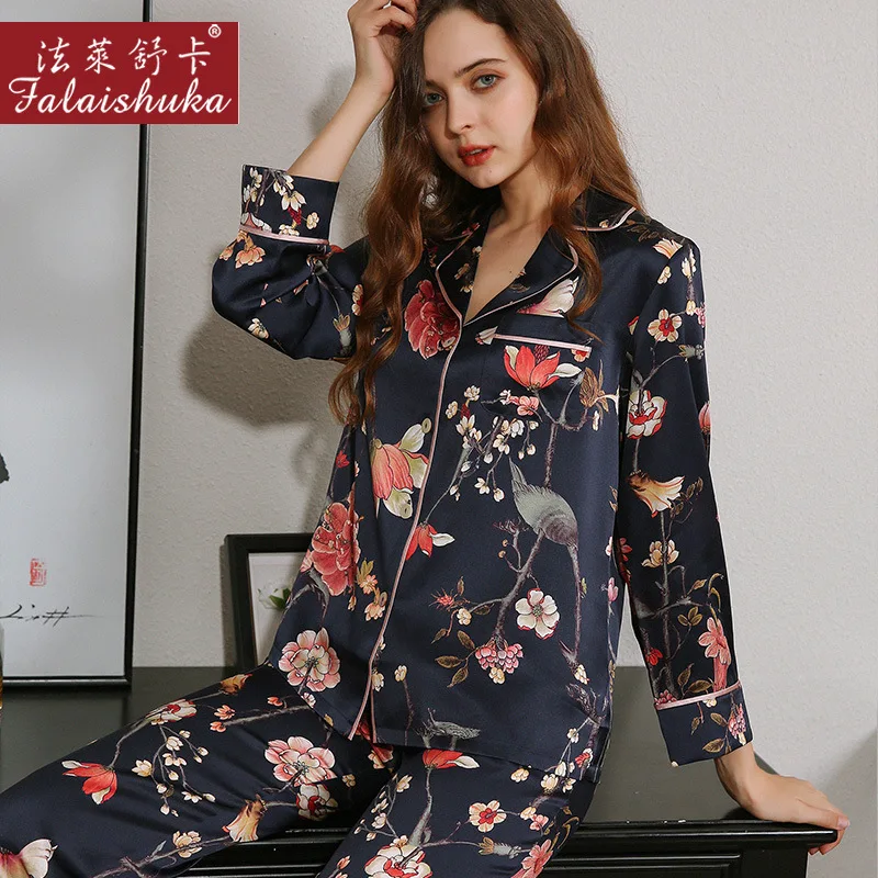 100% Silk Homewears Pajamas Set Women Floral Print 2021 Summer Spring Female Home Wears Two Piece Pajamas Set Sleepwear