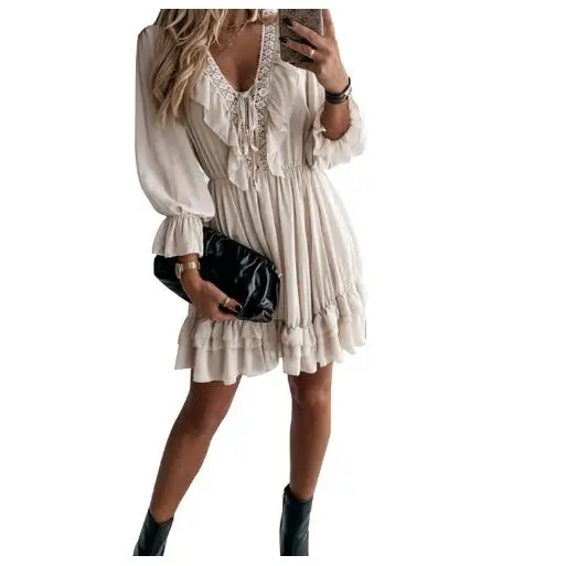 

European and American Women's Fashion Spring and Autumn Vestidos Simple Pure Color Sexy Lace V-neck Long Sleeve Party Dresses