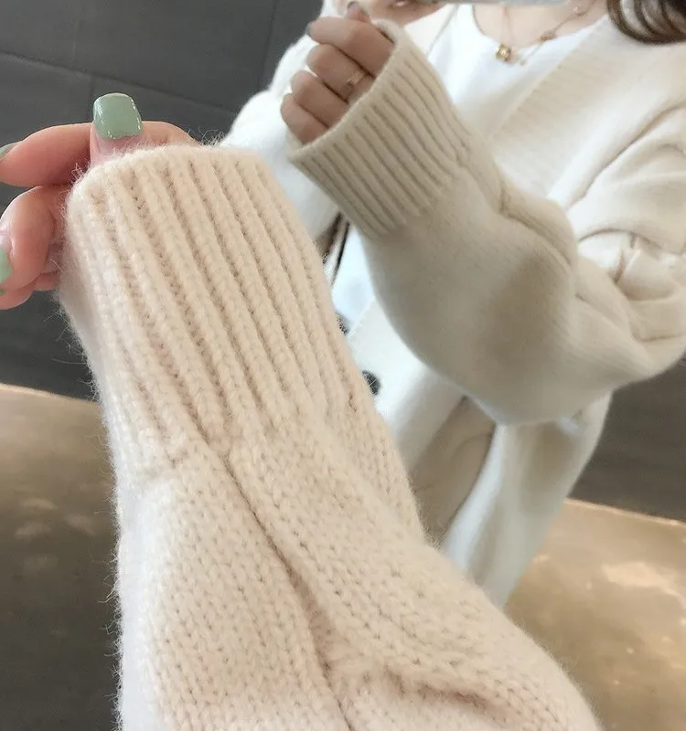 

Fannic Autumn and winter loose knit long-sleeved solid color cardigan sweater