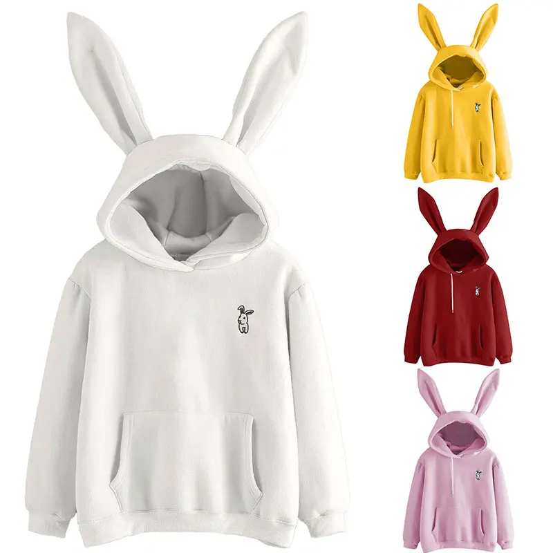 

Autumn Winter Long Sleeve Hoodies Sweatshirt Fashion Kawaii Rabbit Ears Hoody Casual Solid Color Warm Sweatshirt Hoodies 2020