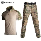 Мужской Тактический Костюм для охоты и занятий спортом на открытом воздухе, военная походная футболка, специальная армейская хлопковая быстросохнущая футболка + штаны-карго, наколенники