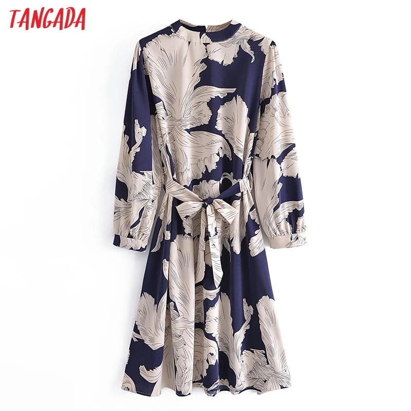 

Платье-миди женское осеннее с цветочным принтом и длинным рукавом-фонариком