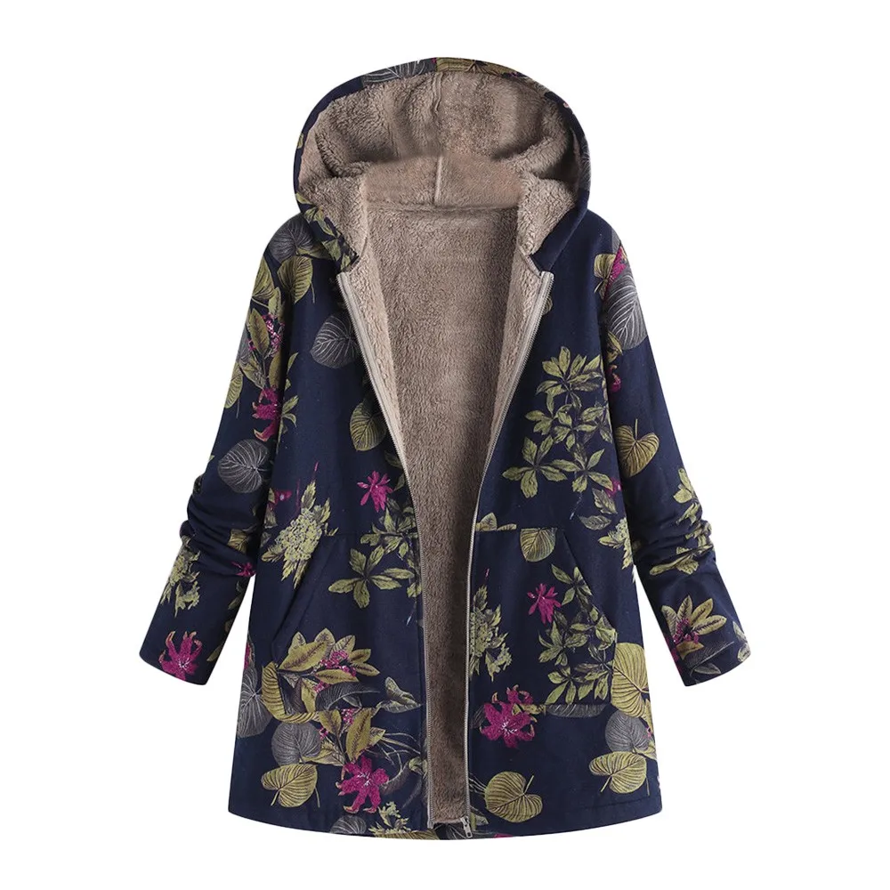 

Fashion Womens Winter Warm Outwear Floral Print Hooded Pockets Vintage Oversize Coats New LS 1129