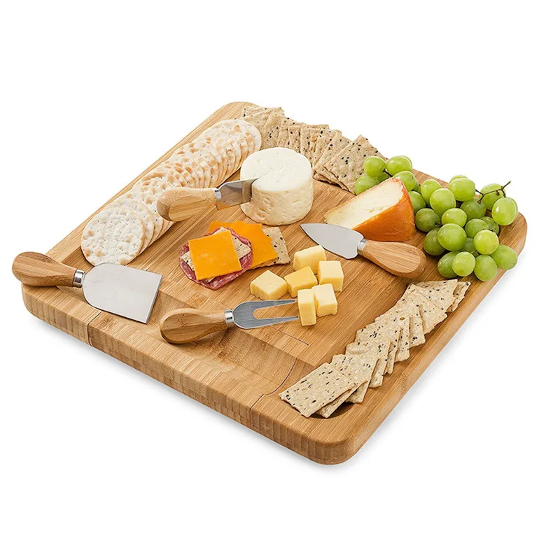 

Cheese Board and Knife Set-Premium Bamboo Charcuterie Board Serving Tray and Cutlery with Slide-Out Drawer