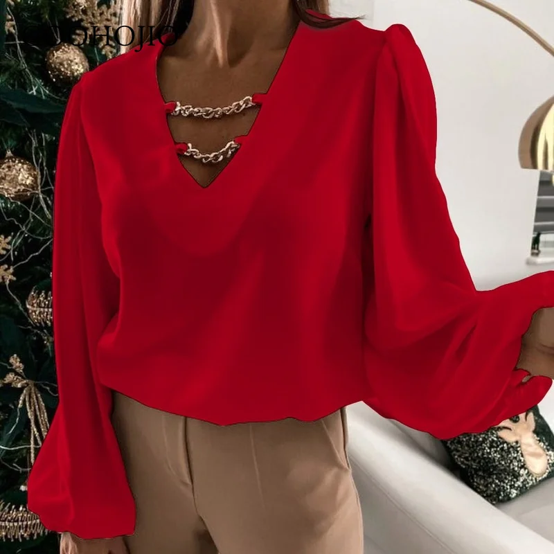 

GOOHOJIO 2021 New Spring and Autumn Fashionable Blouse Women Chain Blouse for Ladies All-match Solid Color Women Casual Blouse