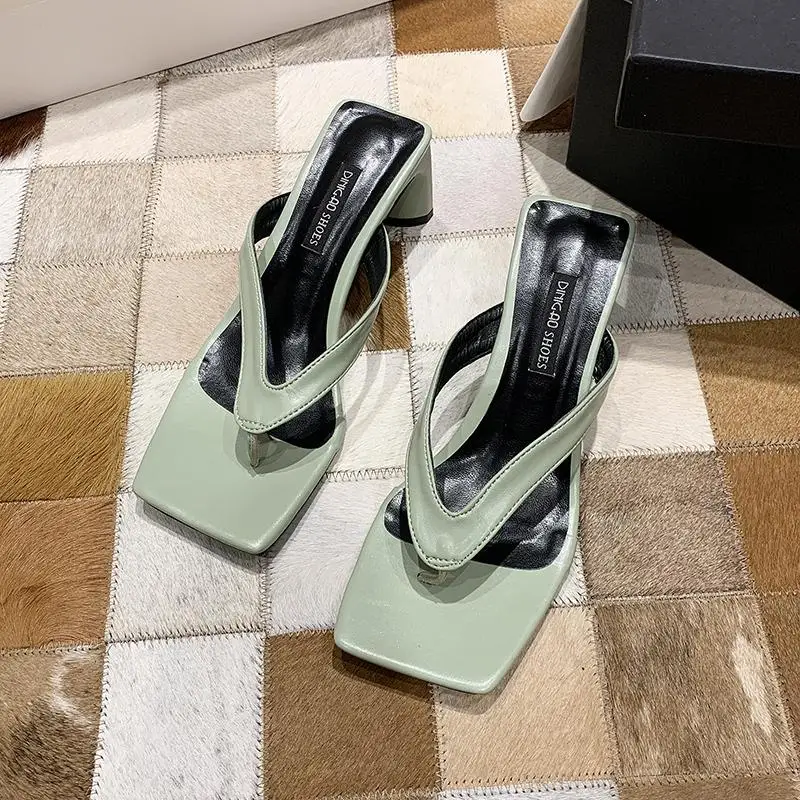 

New Summer Women Square Toe Sandals Ladies Pu Leather Plaid Outside Thin High Heels Slippers Female Fashion Woman Shoes Rome