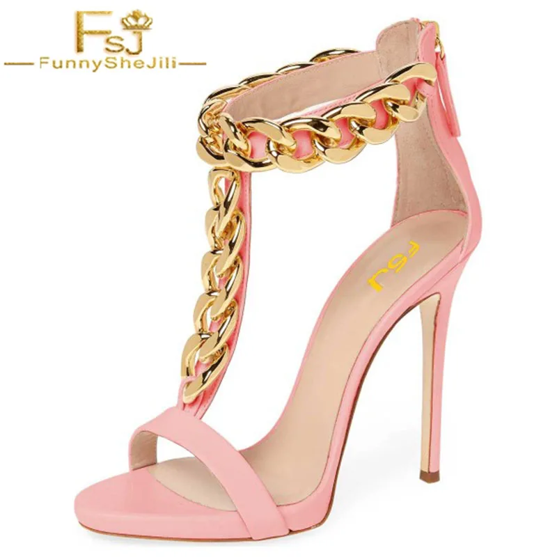 

FSJ Pink Open Toe Embellished Chains Stiletto Heel Women Sandals T- Strap Back Zip Ladies Shoes Party Dress 2022 Summer