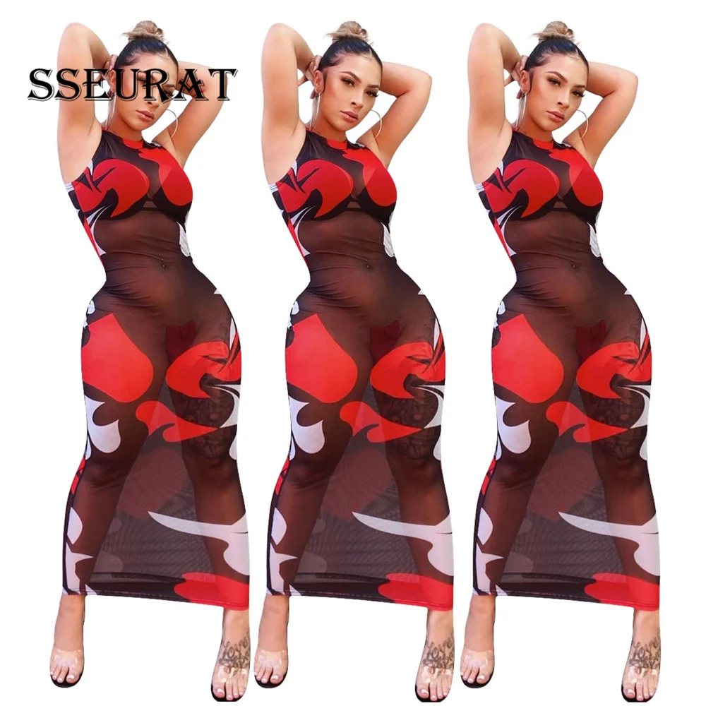 

SSEURAT Women Summer Long Maxi Dress Mesh Perspective Print Beach Sexy Elegant Party Night Club Bandage Dresses Vestidos