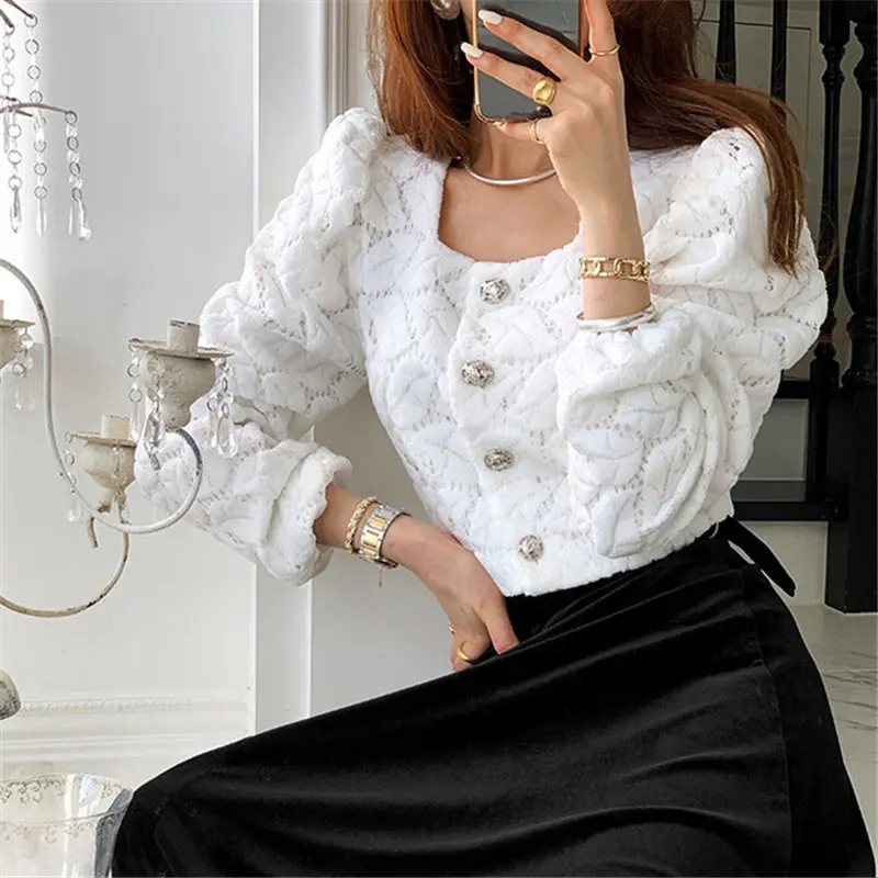 

HziriP OL Gentle New Lace Square Collar 2021 Hot High Waist Coats Women Chic Retro Jacket Office Lady Brief Vintage Clothe
