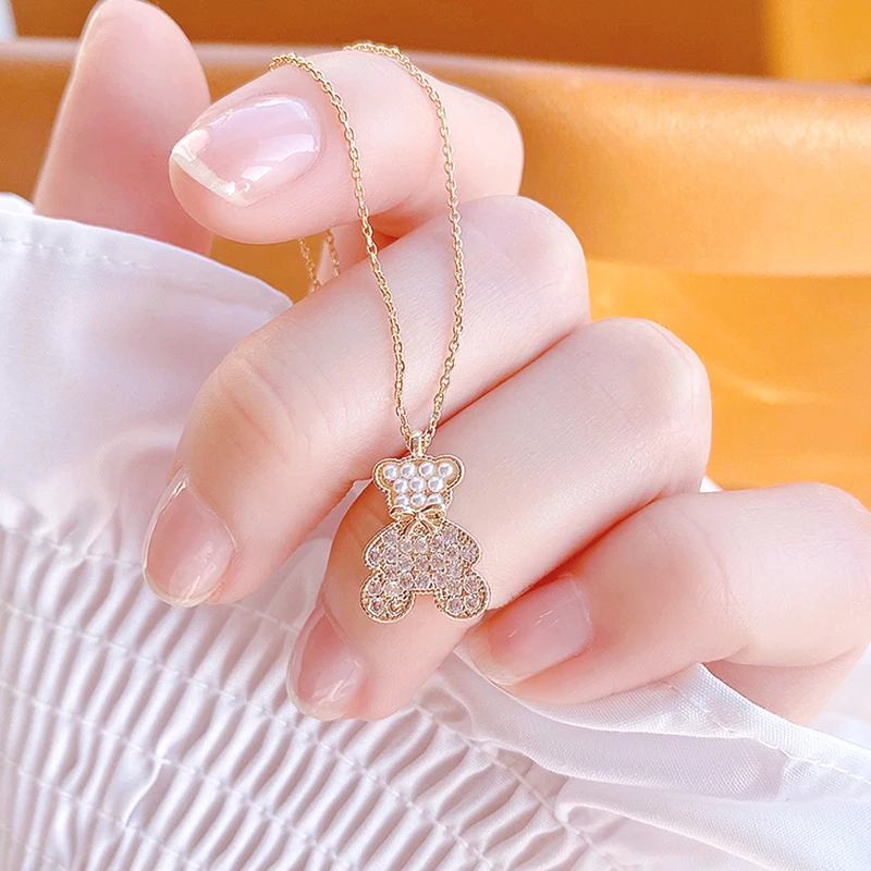 

Romantic Charming 14k Real Gold Cute Little Bear Necklace for Women High Quality Charming Temperament Jewelry Chain AAA Zirconia