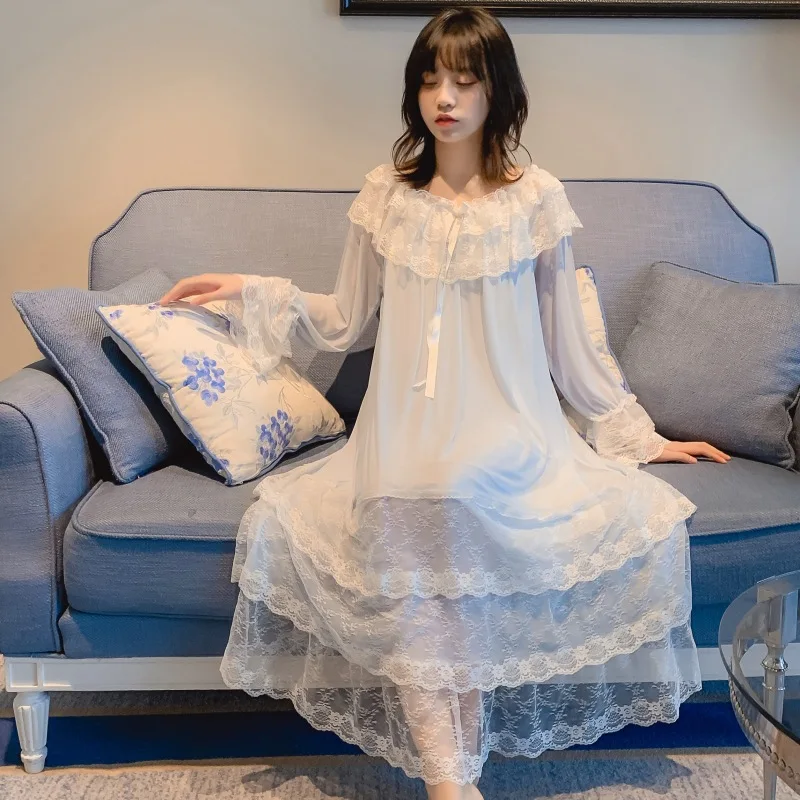 

Spring Summer New Women Lace Long Sleepshirt Palace Style Ladies Princess Nightdress Casual Homewear Loose Sweet Nighty