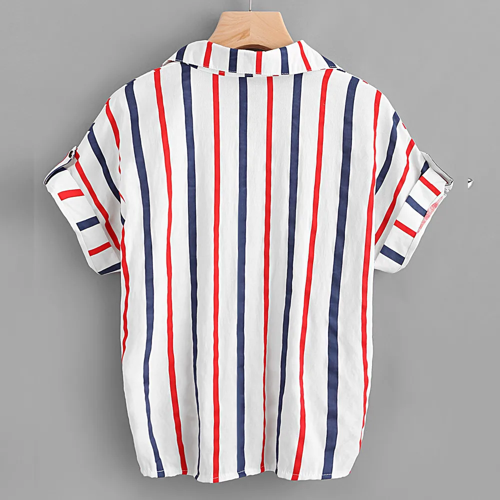 

Fashion Striped Print Blouse Buttons Shirt Bandage V-Neck Tops Casual Summer Ladies Female Women Short Sleeve Blusas Pullover