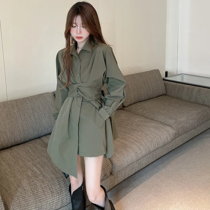 

2 Piece Set Autumn Coat Shorts Asymmetric Mini Dress Sets Plus Size Fashion Korean Cost Belt Women Clothes Outfits Casual 2021