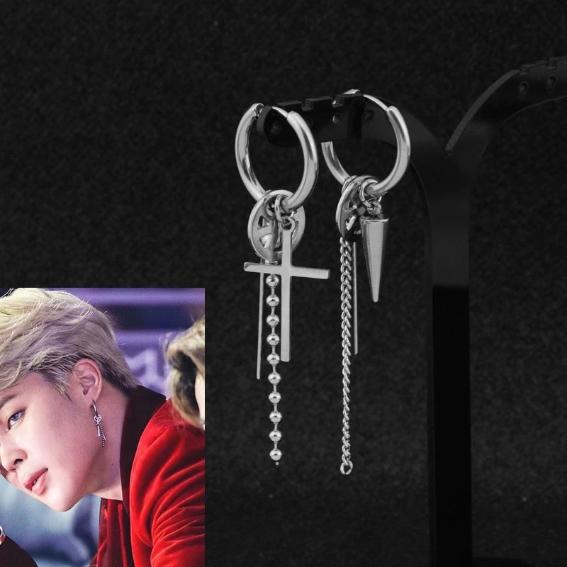 

1 pc KPOP Bangtan Boys Stainless steel Cross Stud Earrings Punk Antiwar Peace Earrings jewelry for men women Jimin Fans