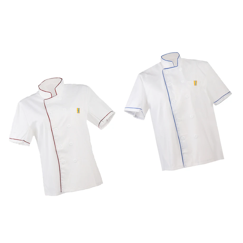 

2 Pieces Mens Womens Chef Uniform Single Breasted Cook Short Sleeve Waiter Coats