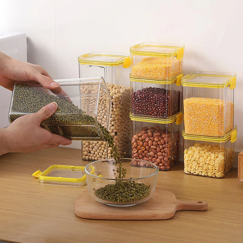 

Transparent Sealed Storage Box Kitchen Food Grain Containers Square Sealed Jar Nut Snack Storage Tank Airtight Pantry Organizer
