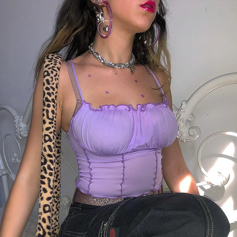

Sexy Slim Fitting Fungus Collar Women's Spring Summer 2021 New Breast Wrap Short Top Spaghetti Breast Frilled Sling Solid Top