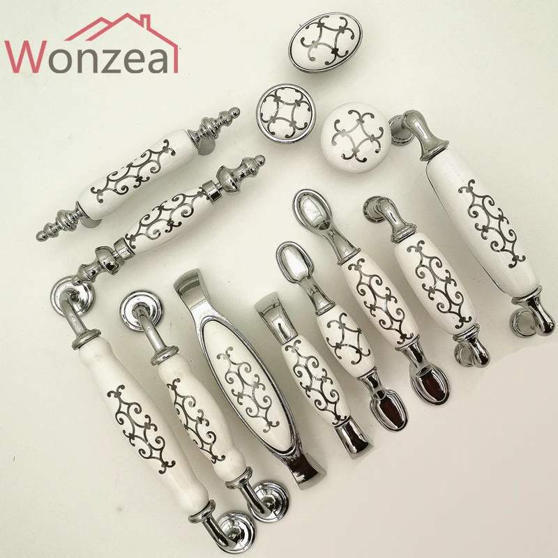 zinc alloy ceramic dresser pulls drawer furniture handles ceramic kitchen cabinet door knobs silver knobs pulls porcelain free global shipping
