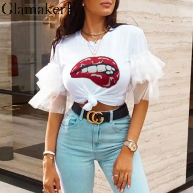 Женская футболка с рюшами Glamaker белая Сетчатая в стиле пэчворк принтом губ