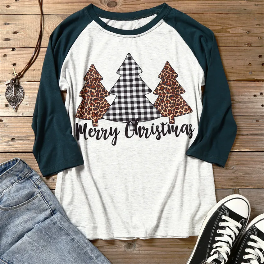 Топ с принтом рождественской елки женская футболка 2019 Осенние футболки длинными