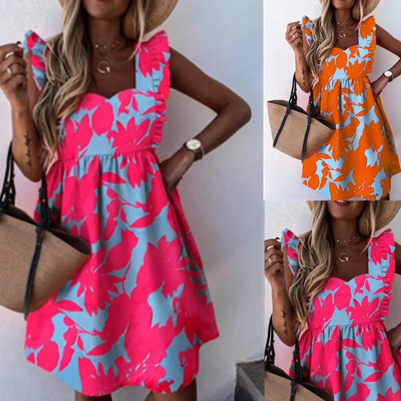 

Women's Mini Dress Summer 2021 New Square Neck Printed Fashion Party Dress