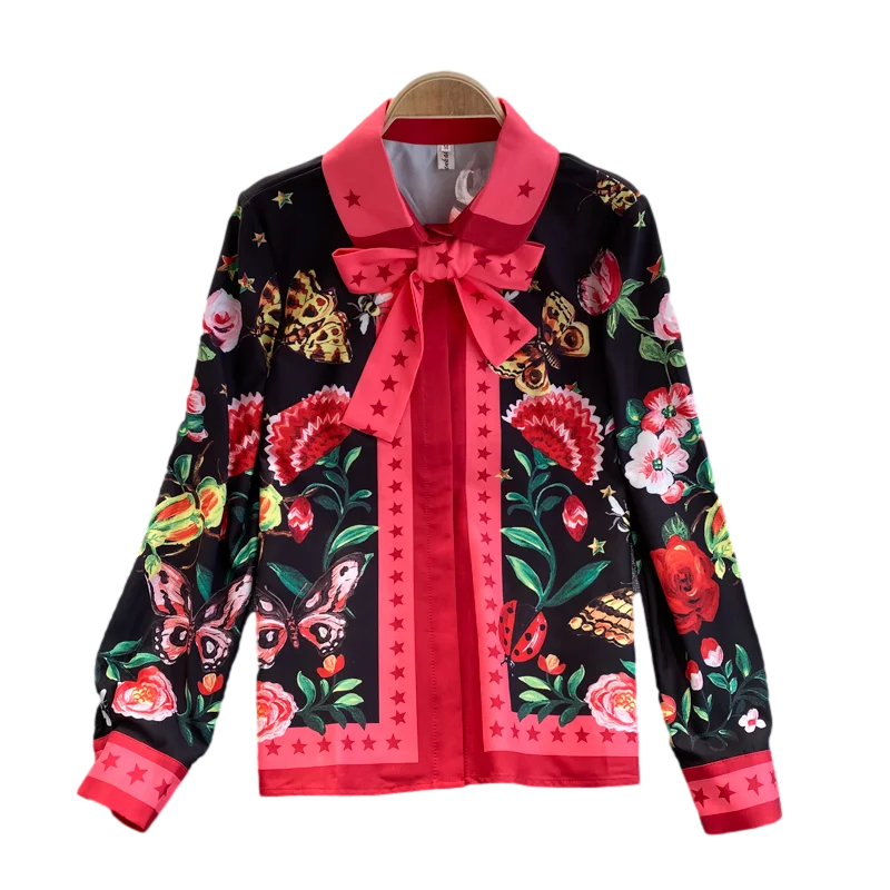 

Spring Autumn New Temperament Bowknot Printed Shirt Female Lapel Fashion Bohemian Loose Slim Top Women Blouses UK768