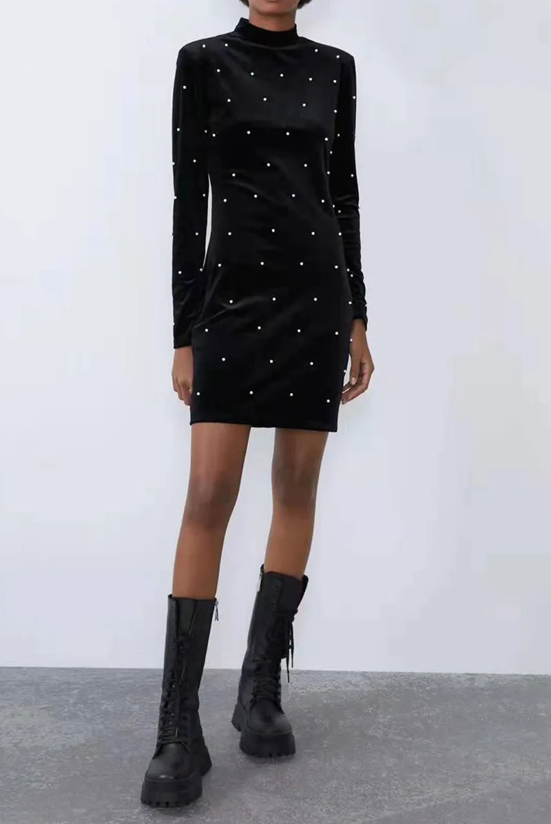 Женское модное Повседневное платье с жемчугом черное бисером и коротким длинным