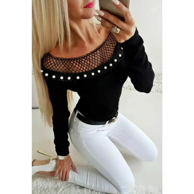 Sexy Women Hollow Out Net Neck Pearls Sweaters Long Sleeve Knit Jumper Tops Solid Slim Beads Pullovers Casual Autumn Knitwear | Женская