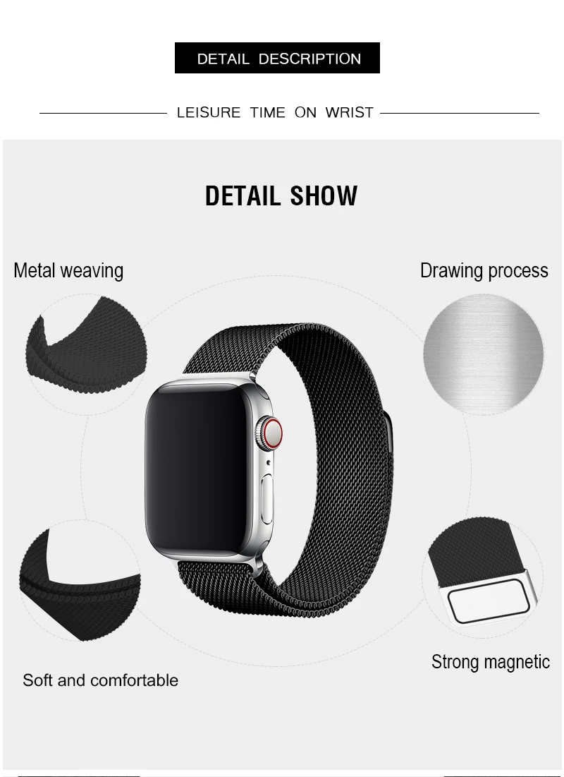 Черный ремешок для Apple Watch Series 4, 5, 40, 44 мм, Миланская петля, магнитный металлический ремешок, браслет 38, 42 мм для Iwatch 2