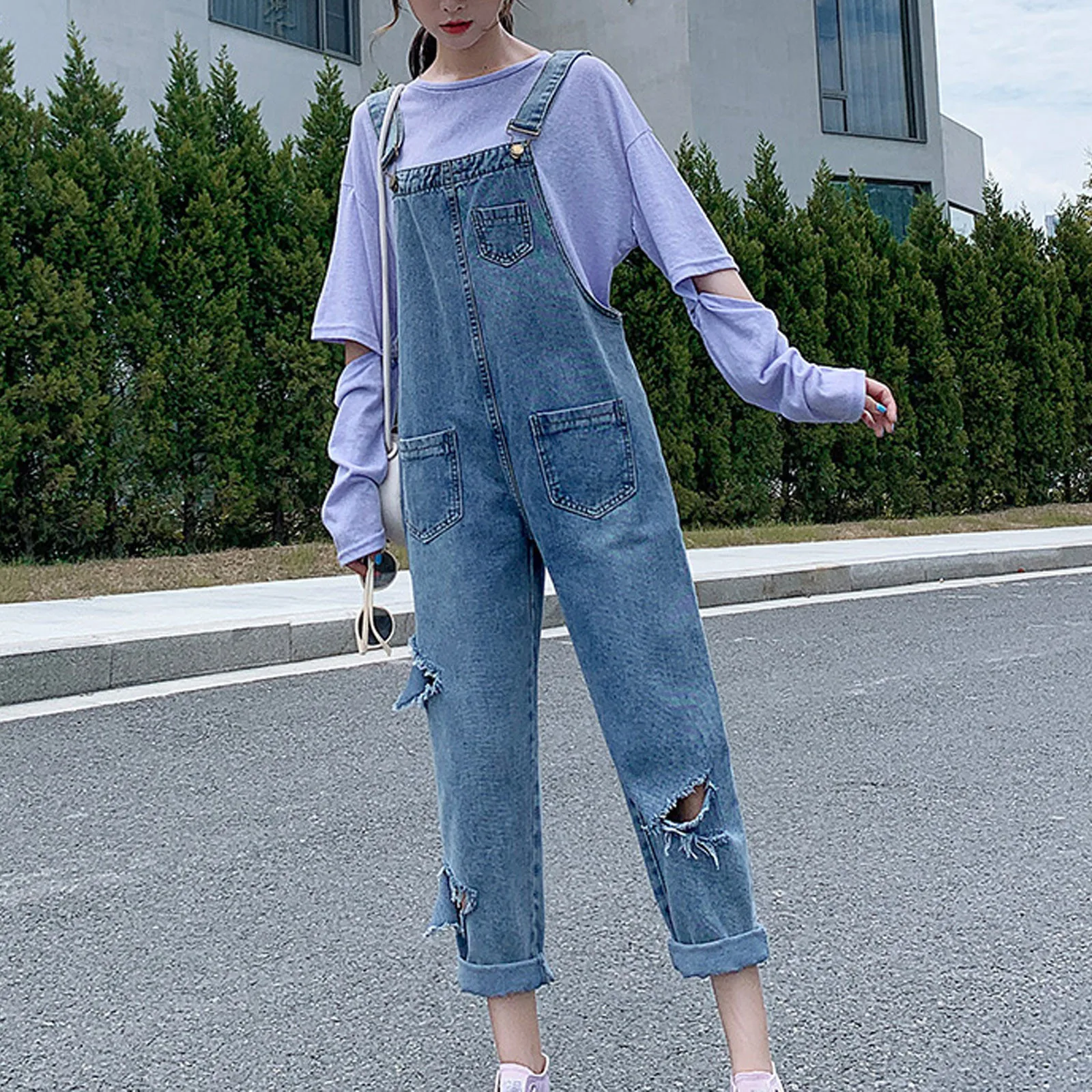

Summer Women's Stretch Jeans Jumpsuit Denim Ripped Distressed Casual Jumpsuit Loose Overalls Denim Rompers Trousers Female 2021