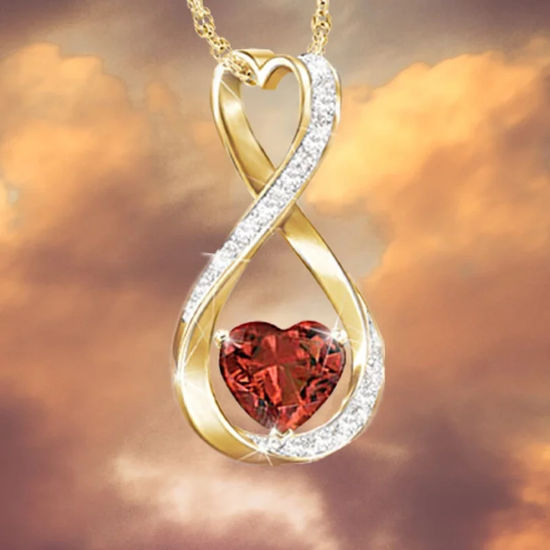 

Luxury Geometric Heart-Shaped Red Zircon Pendant Necklace Bone Female Fashion Party Jewelry Bridal Wedding Gift Wholesale