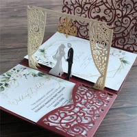 burgundy marriage invitation wedding card rural love lace hollow floral pop up cards customized design
