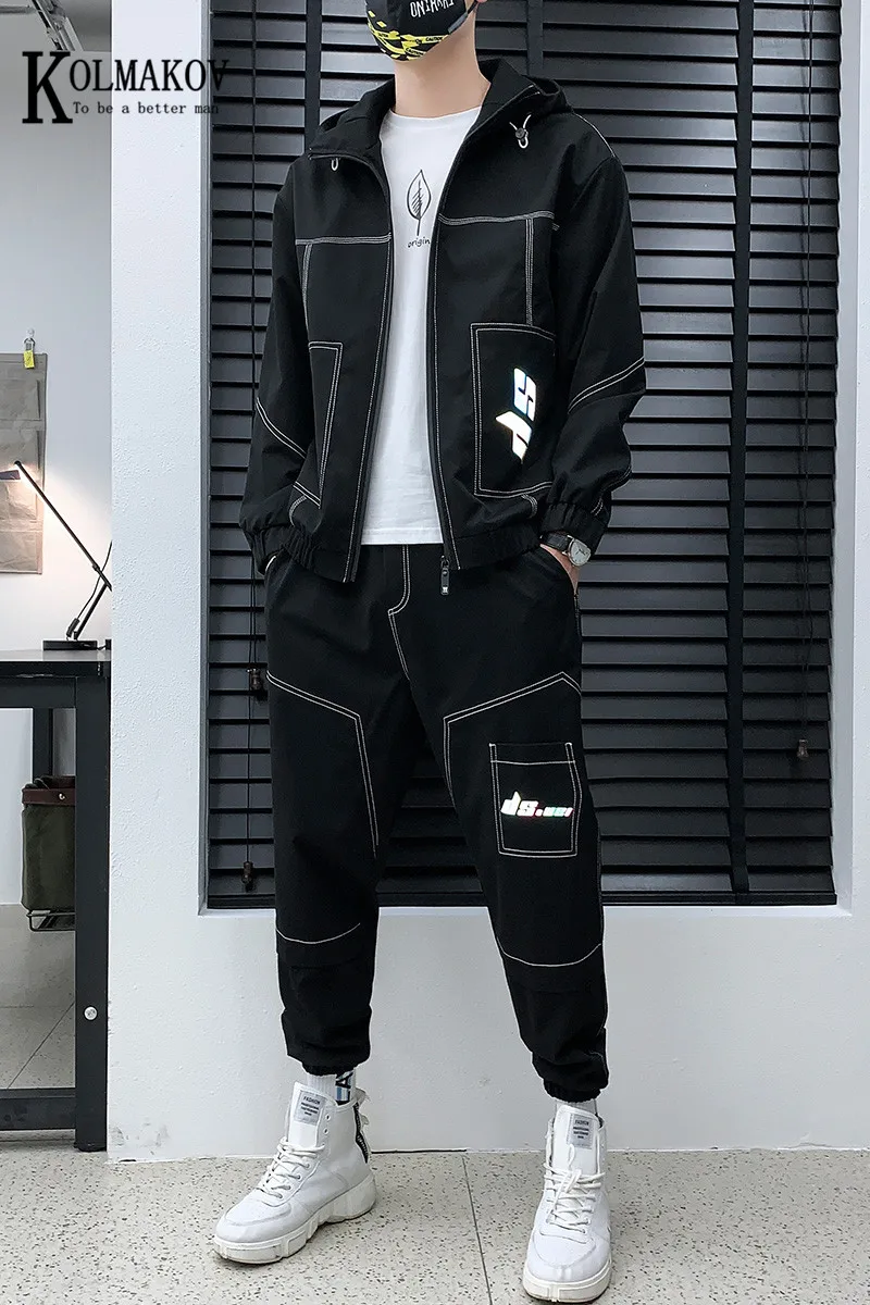 

KOLMAKOV Spring 2021 Youth Sport Suit Men's New Casual Fashion Trend Two-Piece Suite Hoodies Male Jacket 3 Color Size L-4XL