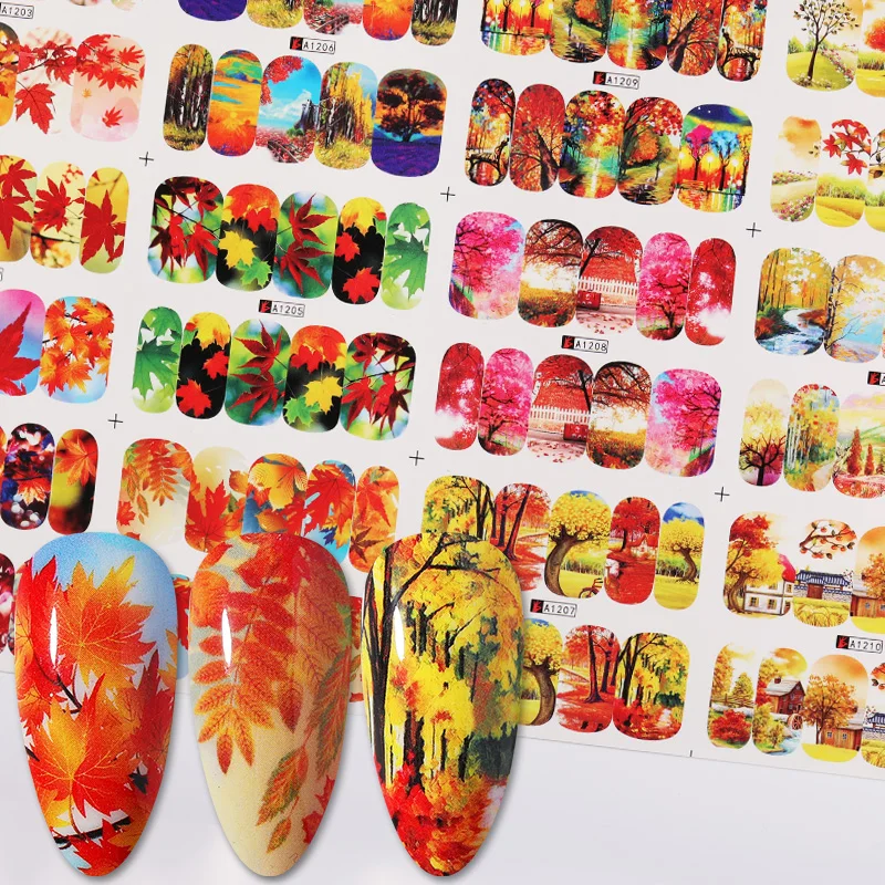 12 видов водяных наклеек для ногтей смешанные узоры красочные кленовый лист