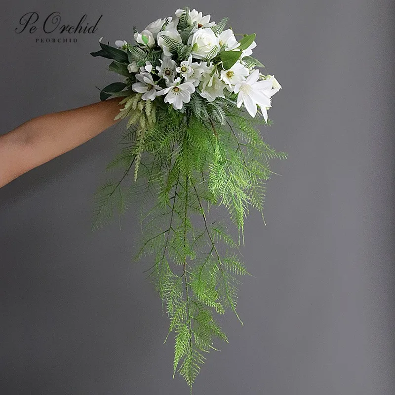 

PEORCHID Church Cascade Wedding Bouquet Green&White Rose Artificial Waterfall Bridal Flowers Bouquet Ceremony Photography Props
