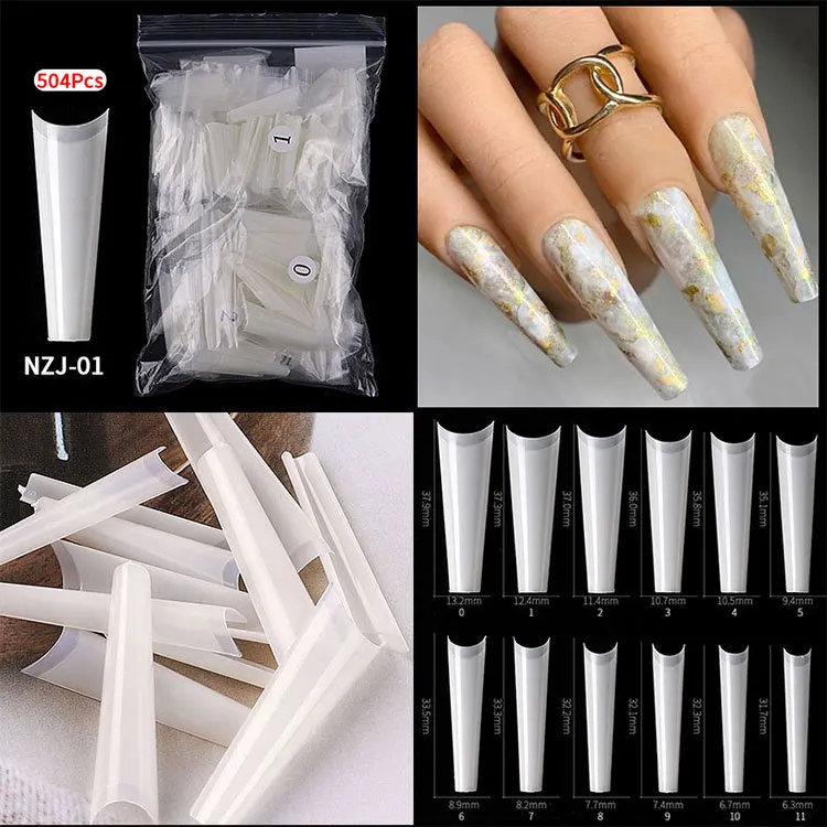 

504Pcs/Bag Extra Long Nail Tips French Coffin Fake Nails Half Cover Nails Clear/Natural Flat Shape Ballerina False Nails Tip DIY