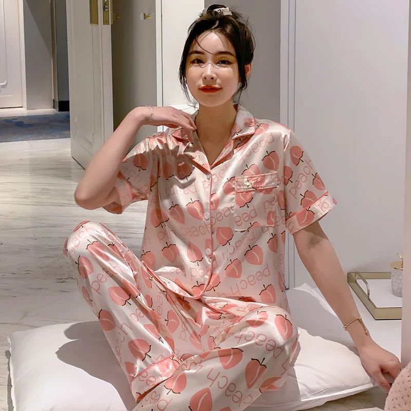 CAIYIER Sexy Nightwear Summer Short Sleeves Trousers Satin Pajamas Women Turn-down Collar Luxurious Atmosphere Silk Sleepwear