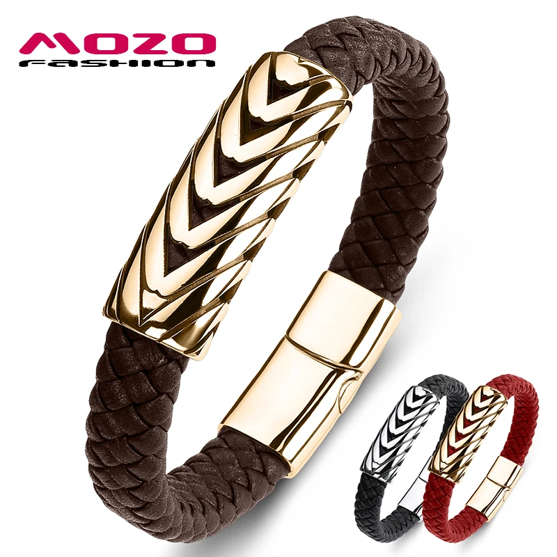 

MOZO FASHION Classic Men Genuine Leather Arrow Stainless Steel Magnet Buckle Bracelet Handmade Wholesale Jewelry Gift 078