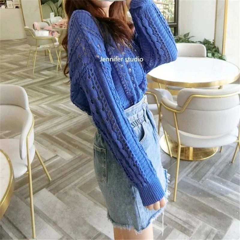 

Korean Plus Size O-Neck Hollow Out Thin Knitted Tops Women Summer Solid Color Pullover Sweater Casual Loose long Sleeve Tee