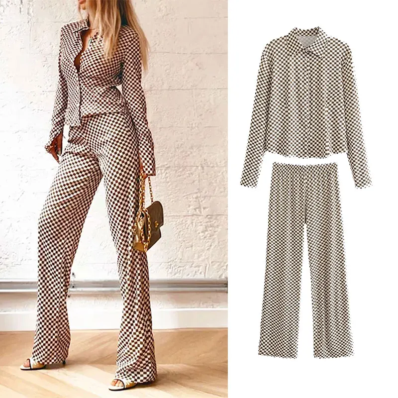 

PPYQYKX Za 2021 Women 2 Piece Set Female Vintage Print Shirts Set Casual Blouse Tops + High Waisted Pants Set Woman Outfit Suit