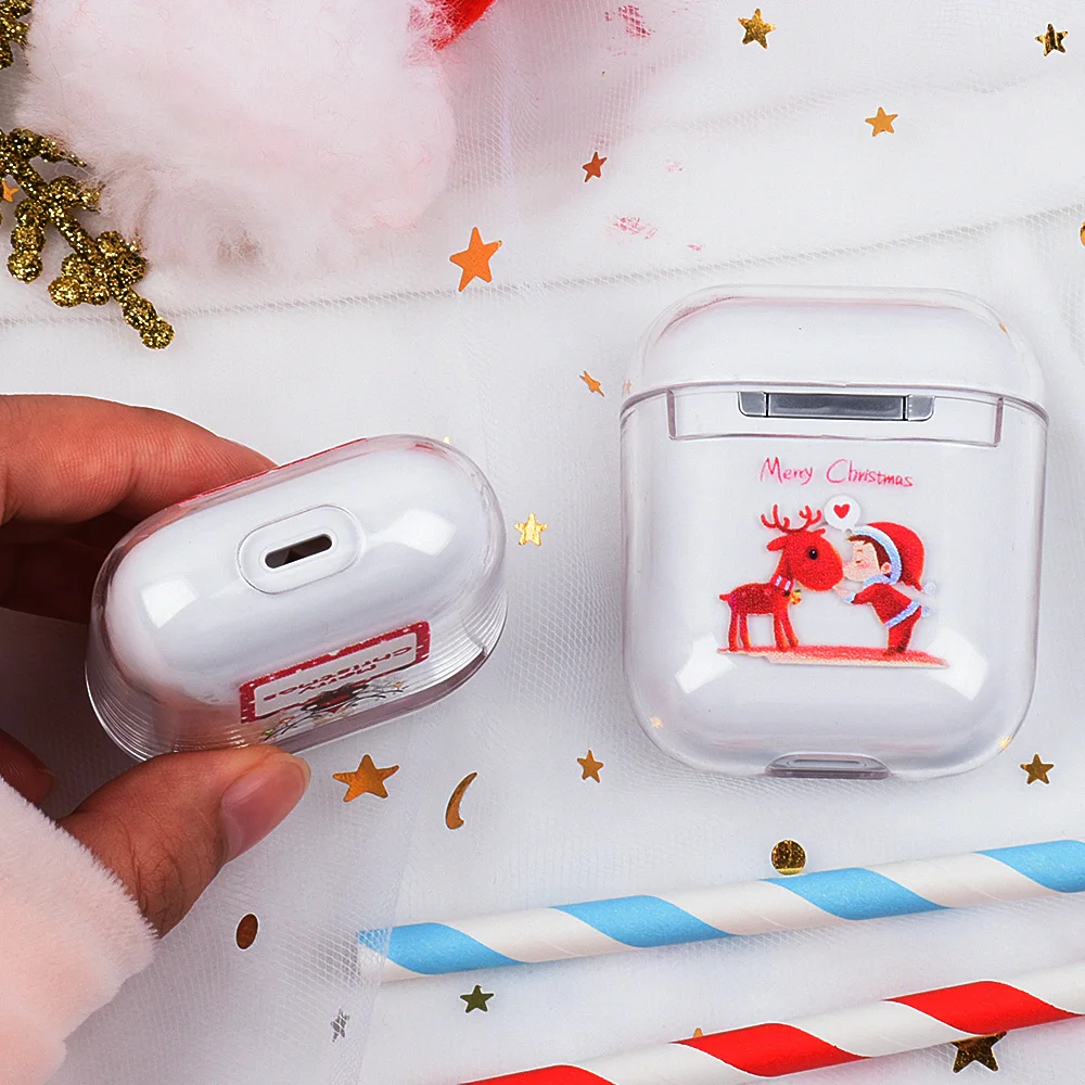 Рождественский чехол для наушников Apple Airpods жесткий из поликарбоната 2 1 с