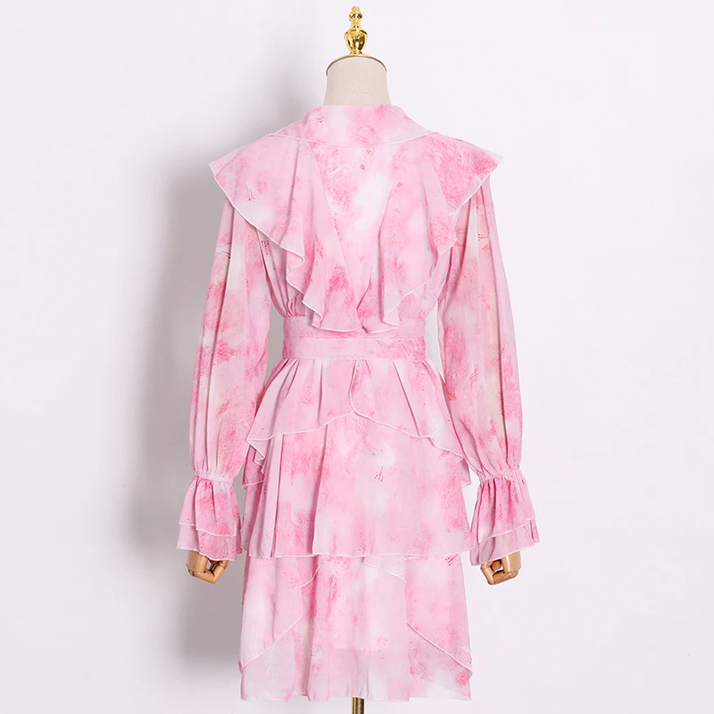 

TWOTWINSTYLE Elegant Sashes Slim Print Dress For Women V Neck Flare Long Sleeve High Waist Mini Dresses Female 2021 Spring Style