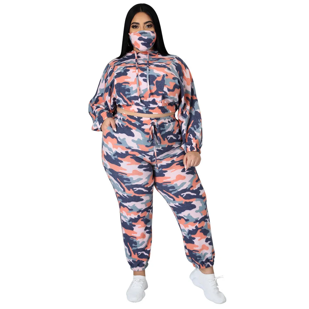 Women's Autumn Plus Size New Fashion Print Camouflage Two-Piece Long Sleeve Short Hooded Sportswear Stretch Tight Pencil Pants